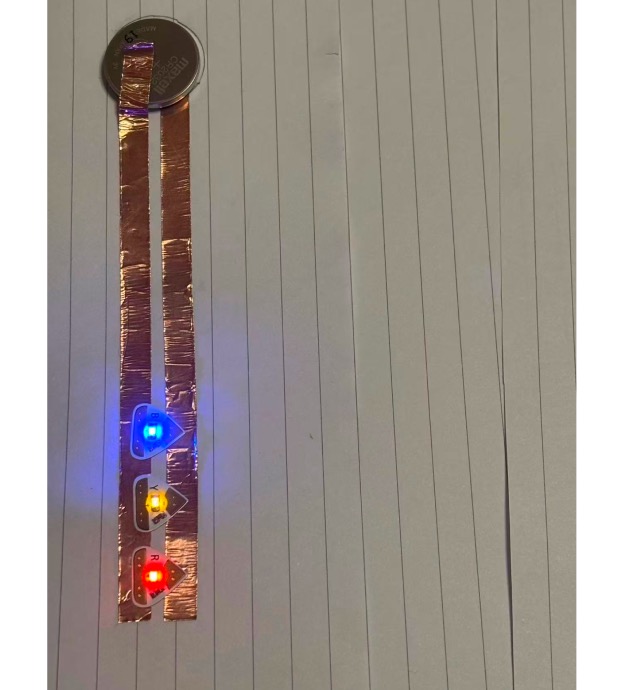 Prototype 1: Construct an interactive circuit prototype using a battery, copper tape, and three LEDs.
