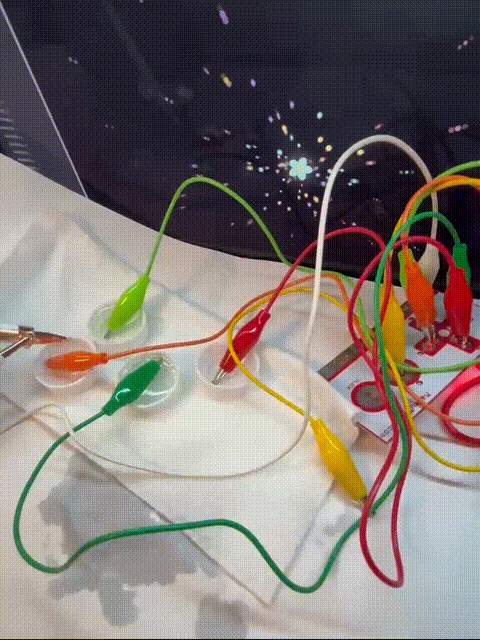 By using water to connect the circuit with MakeyMakey, the control and visual effects can interact.