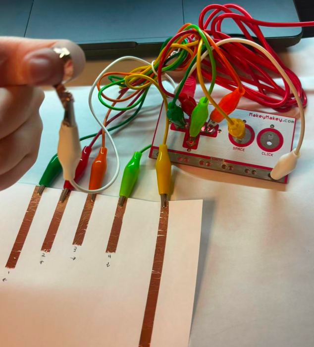 By using copper strips to connect the circuit with MakeyMakey, the control and visual effects can interact. (Hand connection