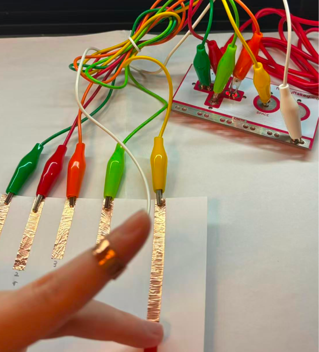 By using copper strips to connect the circuit with MakeyMakey, the control and visual effects can interact. (Hand connection