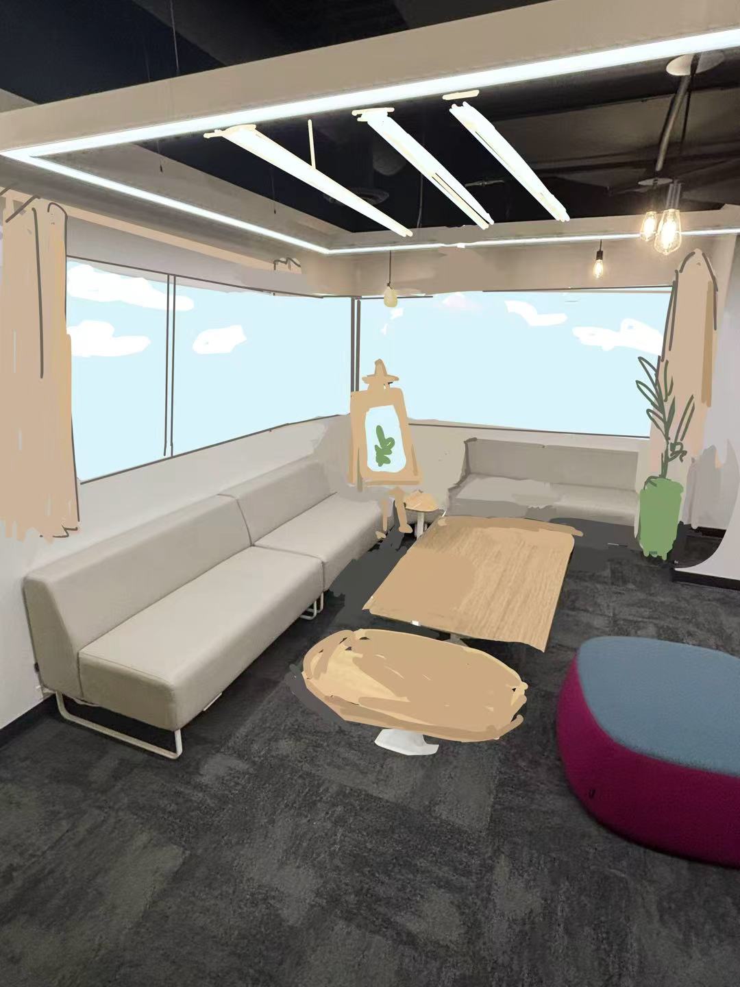 The spatial design of this image features bright natural lighting and fresh color tones as its core elements, with ample windows allowing abundant daylight to flood the interior. For furnishings, we selected minimalist light-colored sofas and solid wood tables and chairs, complemented by strategically placed easels and multiple green plants. This design aims to create a leisure corner that integrates artistic creation with natural experiences, providing users with an inspiring creative environment while fostering a relaxing atmosphere that encourages interaction. <a href='https://www.youtube.com/embed/tgbNymZ7vqY' target='_blank'><p>Project Video Link</p></a>